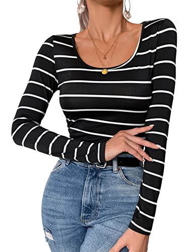 GORGLITTER Damen Gestreift Oberteil Langarm Crop Tops U-Ausschnitt Basic Langarmshirts Bauchfrei Pullover Schwarz S von GORGLITTER