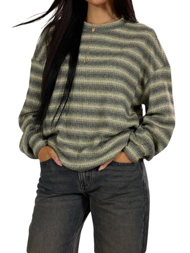GORGLITTER Damen Gestreift Pullover Elegant Y2k Farbblock Strickpullover mit Rundkragen Gestrickt Vintage Sweatshirt mit Streifen Herbst Winter Grün L von GORGLITTER