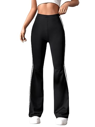 GORGLITTER Damen Gestreift Schlaghose Yogahose Elastischer Bund Seitenstreifen Sporthose Jogginghose Casual Lange Hosen Schwarz M von GORGLITTER