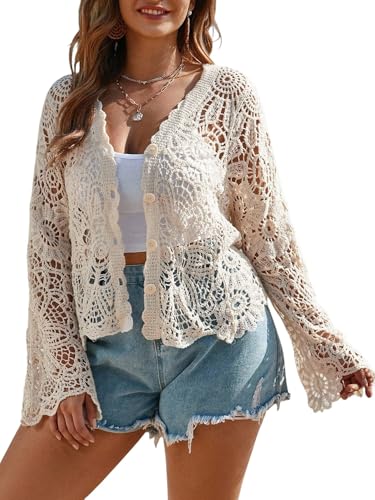 GORGLITTER Damen Häkel Cardigan Elegant Gestrickt Kurze Strickjacken Boho Jacke mit V-Ausschnitt Langarm Strickpullover Vorne Offen Strand Top Beige 0XL von GORGLITTER