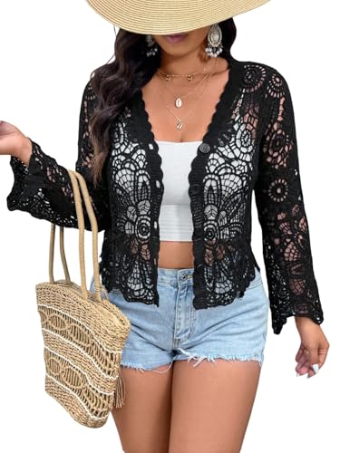 GORGLITTER Damen Häkel Cardigan Elegant Gestrickt Kurze Strickjacken Boho Jacke mit V-Ausschnitt Langarm Strickpullover Vorne Offen Strand Top Schwarz 0XL von GORGLITTER