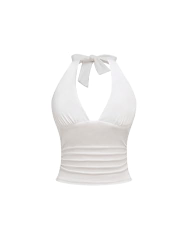 GORGLITTER Damen Halter Top Crop Top Y2K Neckholder Tanktops Trägertop Bauchfrei Oberteil Trägershirt Sommer Träger-Top Weiß L von GORGLITTER