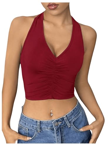 GORGLITTER Damen Halter Top Crop Top Y2K Neckholder Tanktops Trägertop Bauchfrei Oberteil Trägershirt Sommer Träger-Top mit V Ausschnitt Bordeaux XS von GORGLITTER