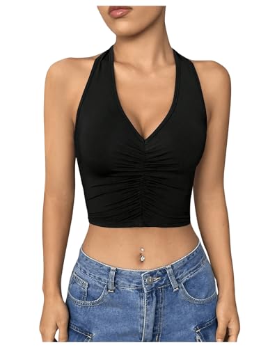 GORGLITTER Damen Halter Top Crop Top Y2K Neckholder Tanktops Trägertop Bauchfrei Oberteil Trägershirt Sommer Träger-Top mit V Ausschnitt Schwarz M von GORGLITTER