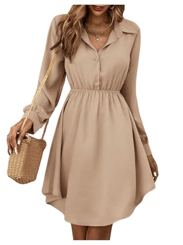 GORGLITTER Damen Hemdkleid Elegant Blusenkleid Langarm A Linie Tunikakleid Shirtkleid mit Knöpfen Aprikosenfarben L von GORGLITTER