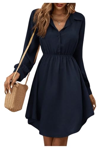 GORGLITTER Damen Hemdkleid Elegant Blusenkleid Langarm A Linie Tunikakleid Shirtkleid mit Knöpfen Blau XS von GORGLITTER