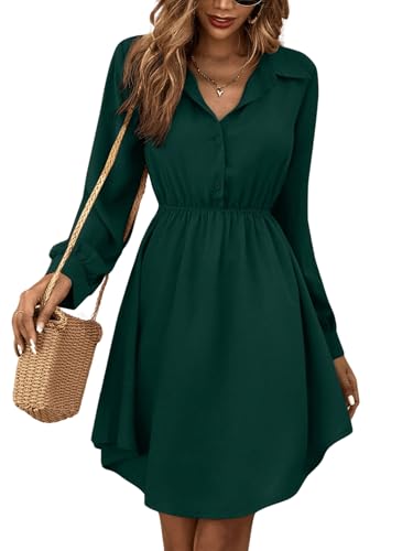 GORGLITTER Damen Hemdkleid Elegant Blusenkleid Langarm A Linie Tunikakleid Shirtkleid mit Knöpfen Dunkelgrün L von GORGLITTER