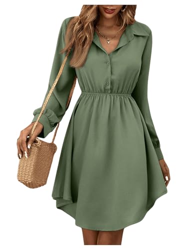 GORGLITTER Damen Hemdkleid Elegant Blusenkleid Langarm A Linie Tunikakleid Shirtkleid mit Knöpfen Grün M von GORGLITTER