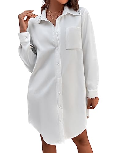 GORGLITTER Damen Hemdkleid Elegant Blusenkleid V-Ausschnitt Langarm Herbst Tunika Kleider Freizeitkleid Knöpfen Hemdenkleid Weiß XS von GORGLITTER