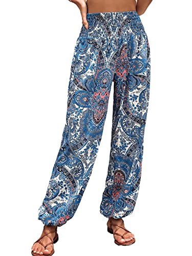 GORGLITTER Damen Hippie Haremshose Capri Thai Hose Leichte Dünn Boho Ethno Blumenmuster Muster Strand Sommerhose Yogahosen Blau und Rosa S von GORGLITTER