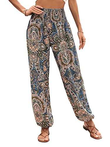 GORGLITTER Damen Hippie Haremshose Capri Thai Hose Leichte Dünn Boho Ethno Blumenmuster Muster Strand Sommerhose Yogahosen Graublau M von GORGLITTER