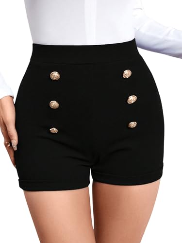 GORGLITTER Damen Hohe Taille Shorts Kurze Hose Stretch Short Nachtclub Hosen mit Knopfleiste Schwarz L von GORGLITTER