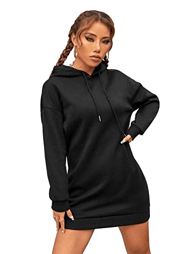 GORGLITTER Damen Hoodie Kleid Pullover Drop Shoulder Sweatshirtkleid Tops Herbst Kurz Kleid Sweatshirt Pulloverkleid mit Kapuze Schwarz M von GORGLITTER