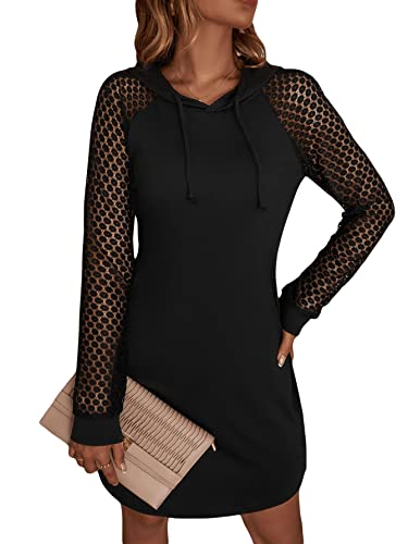 GORGLITTER Damen Hoodie Kleid Pullover Langarm Sweatshirtkleid Herbst Pulloverkleid mit Spitzen Schwarz S von GORGLITTER