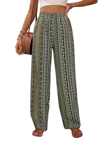 GORGLITTER Damen Hose Boho Sommerhosen Lange Damenhose Blumenmuster Freizeithosen Hohe Taille Leichte Hosen Bohohose mit Elastischem Bund Grün XL von GORGLITTER