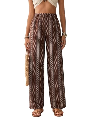 GORGLITTER Damen Hose Boho Sommerhosen Lange Damenhose Blumenmuster Freizeithosen Hohe Taille Leichte Hosen Bohohose mit Elastischem Bund Kaffeebraun S von GORGLITTER