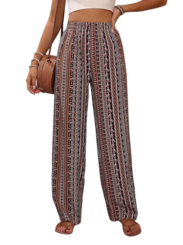 GORGLITTER Damen Hose Boho Sommerhosen Lange Damenhose Blumenmuster Freizeithosen Hohe Taille Leichte Hosen Bohohose mit Elastischem Bund Rot L von GORGLITTER