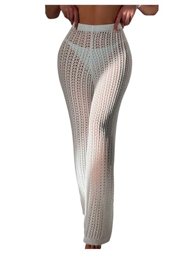 GORGLITTER Damen Weiß Einfarbig Durchsichtig Gehäkelt Transparent Schlaghose Festival Outfit Hose Rave Partyhose Strandhose Cover Up Hose M von GORGLITTER