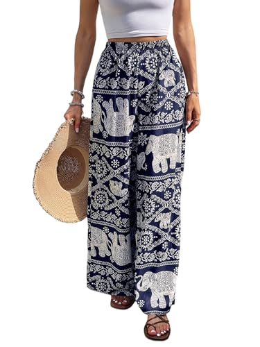 GORGLITTER Damen Hose Hohe Taille Hosen mit Taschen Lange Sommerhosen Boho Paisleymuster Freizeithose Breites Bein Damenhosen mit Elastischem Bund Dunkelblau S von GORGLITTER