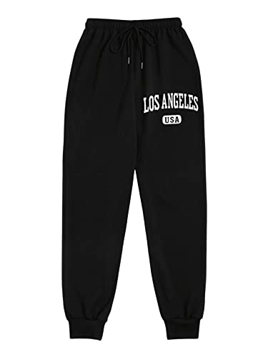 GORGLITTER Damen Hose Jogginghose mit Buchstaben Sweathose Joggerhose Elastische Bund Lange Hose Tunnelzug Schwarz S von GORGLITTER