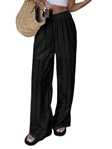 GORGLITTER Damen Hose Lange Freizeithosen Stickerei Leichte Sommerhose Breites Bein Strandhose Bomisch Casualhose mit Elastischer Bund Stoffhose Schwarz S von GORGLITTER