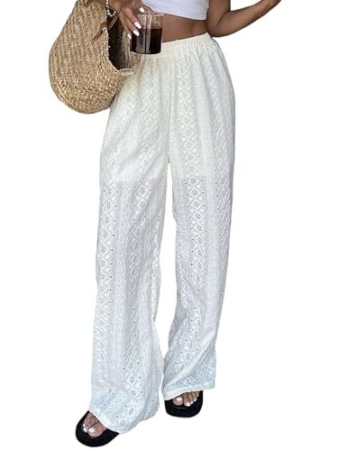 GORGLITTER Damen Hose Lange Freizeithosen Stickerei Leichte Sommerhose Breites Bein Strandhose Bomisch Casualhose mit Elastischer Bund Stoffhose Weiß S von GORGLITTER