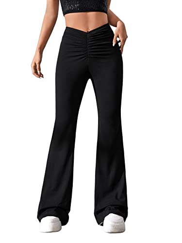 GORGLITTER Damen Hose Schlaghose Casualhose Lange Pants Jogginghose Sweathose Elastischer Bund mit Geraffter Taille Schwarz XS von GORGLITTER