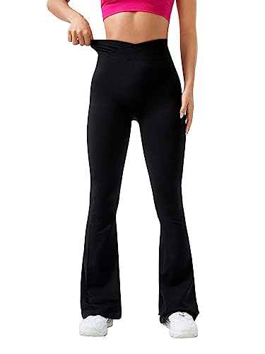 GORGLITTER Damen Hose Schlaghose Sport Lange Pants Jogginghose Sweathose Elastischer Bund mit Bauchkontrolle Schwarz L von GORGLITTER