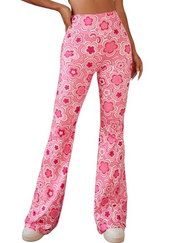 GORGLITTER Damen Hose Schlaghose mit Blume Muster Lange Pants Casualhose Hohe Elastischer Bund Sommer Hose Rosa M von GORGLITTER