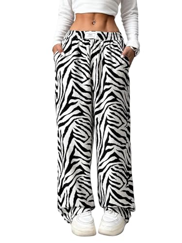 GORGLITTER Damen Hose Weites Bein Hose mit Zebramuster Freizeithose mit Taschen Elastischer Bund Lockere Hose Bequeme Stoffhose Palazzohose Herbst Schwarz und Weiß XL von GORGLITTER