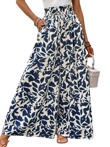 GORGLITTER Damen Hose Weites Bein Sommerhose Lockere Freizeithose Hohe Taille Lange Hosen Pflanzenmuster Boho Schlaghose Straßeoutfit Blau M von GORGLITTER