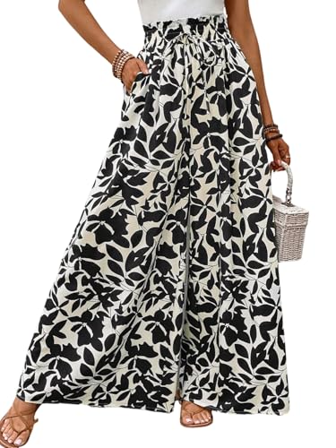 GORGLITTER Damen Hose Weites Bein Sommerhose Lockere Freizeithose Hohe Taille Lange Hosen Pflanzenmuster Boho Schlaghose Straßeoutfit Schwarz M von GORGLITTER