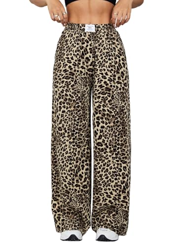 GORGLITTER Damen Hose Y2K Breites Bein Hosen mit Leopardenmuster Stoffhose Hohe Taille Freizeithose mit Taschen Herbst Casualhose mit Gummizug Leoparden S von GORGLITTER