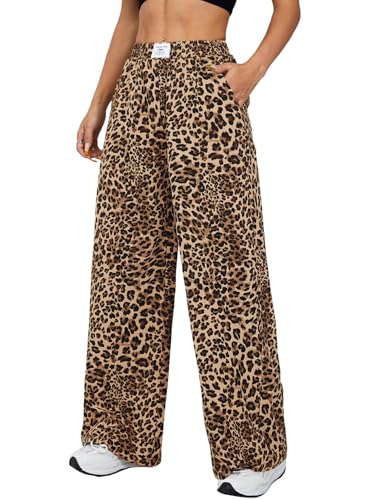 GORGLITTER Damen Hose Y2K Leopardenmuster Lange Hosen Hohe Taille Weite Freizeithose mit Taschen Geradehose Stoffhose Locker Casualhose Leoparden M von GORGLITTER