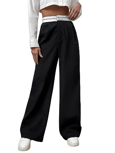 GORGLITTER Damen Hosen Breites Bein Lange Hose Palazzo Farbblock Locker Hosen Anzughose Elegant Büro Pants mit Reißverschluss Schwarz L von GORGLITTER