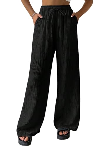 GORGLITTER Damen Hosen Elegant Lockere Jogginghose mit Taschen Baggy Weites Bein Stoffhose mit Gummizug Elastisch Hohe Taille Freizeithose Schwarz L von GORGLITTER