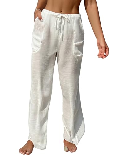 GORGLITTER Damen Hosen Halb durchsichtige Sommerhose mit Taschen Strandhose Lange Urlaub Hose mit Tunnelzug Freizeithosen Sommer Outfit Weiß XL von GORGLITTER