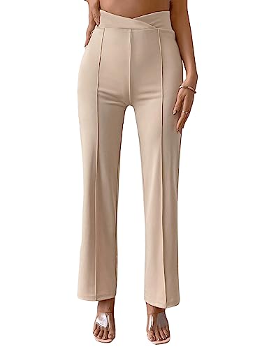 GORGLITTER Damen Hosen Hohe Taille Lange Hose Elastischer Bund Palazzo Anzughose Elegant Büro Pants Aprikosenfarben M von GORGLITTER