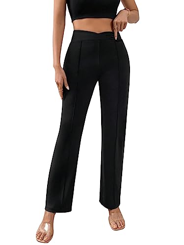 GORGLITTER Damen Hosen Hohe Taille Lange Hose Elastischer Bund Palazzo Anzughose Elegant Büro Pants Schwarz L von GORGLITTER