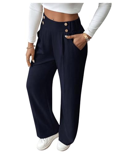 GORGLITTER Sommerhose Damen Leicht Stoffhose Sommer Anzughose Mit Taschen Weite Hose Freizeithose Wide Leg Hose Business Outfit Dunkelblau L von GORGLITTER