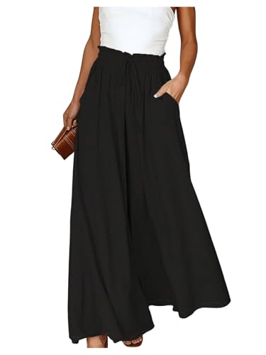 GORGLITTER Damen Hosen Weite Lose Gerade Geschnitten Palazzo Locker Hose Hohe Taille Sommerhose Elegante Hose mit Taschen Schwarz L von GORGLITTER