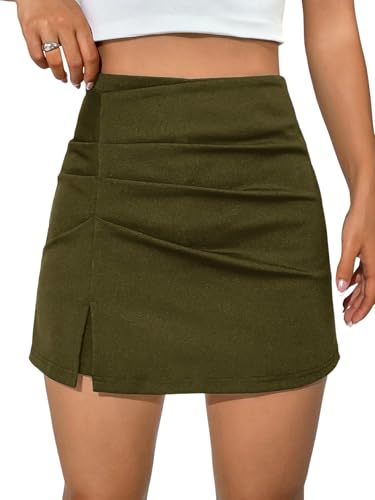 GORGLITTER Damen Hosenrock Elegant Freizeitrock Büro Rock Kurz Skort Hoch Taille Shorts Figurboten Röcke Minirock Sommer Kurz Hose mit Schlitz Armeegrün S von GORGLITTER