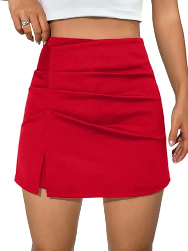 GORGLITTER Damen Hosenrock Elegant Freizeitrock Büro Rock Kurz Skort Hoch Taille Shorts Figurboten Röcke Minirock Sommer Kurz Hose mit Schlitz Rot L von GORGLITTER