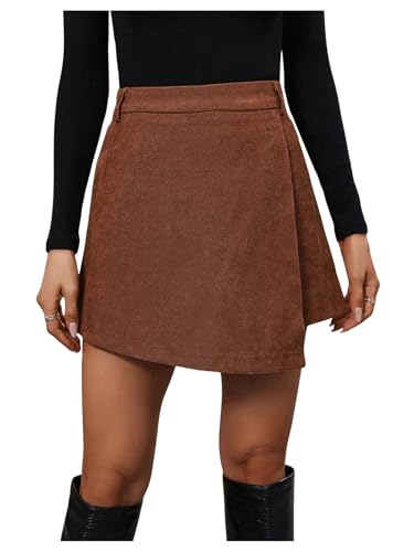 GORGLITTER Damen Hosenrock Elegant Freizeitrock Kord Rock Winter Büro Rock Kurz Skort Cordrock Wickel Herbstrock Hoch Taille Shorts Schokoladenbraun XL von GORGLITTER