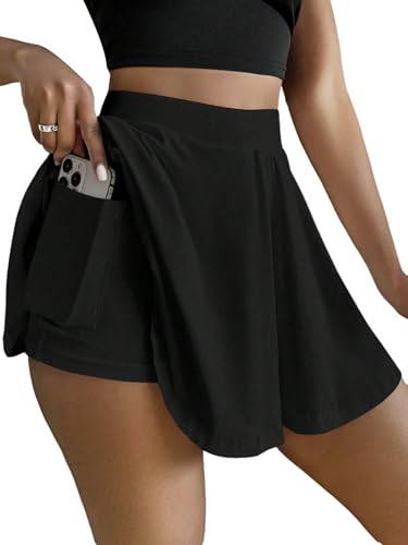 GORGLITTER Damen Hosenrock Hohe Taille Rock A Linie Sommerrock mit Tasche Elastischer Bund Shorts Basic Minirock Freizeitrock Skort Casualrock Schwarz L von GORGLITTER