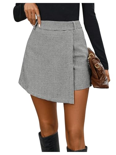 GORGLITTER Damen Hosenrock Kariert Elegant Büro Rock Freizeitrock mit Plaid Mini Skort Wickel Herbstrock Hoch Taille Shorts Schwarz und Weiß XL von GORGLITTER