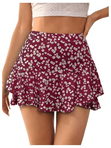 GORGLITTER Damen Hosenrock Kurze Hose Casual Rock Mini Hosenrock Skort Sommer Shorts Minirock mit Blumenmuster Rot S von GORGLITTER