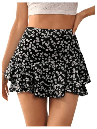 GORGLITTER Damen Hosenrock Kurze Hose Casual Rock Mini Hosenrock Skort Sommer Shorts Minirock mit Blumenmuster Schwarz XS von GORGLITTER