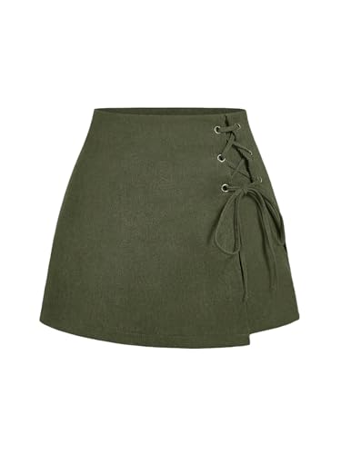 GORGLITTER Damen Hosenrock Kurze Hose Culottes Herbst Hosen Tülle Öse Rock Skort Elegant Hosenrock Minirock mit Band vorne Armeegrün M von GORGLITTER