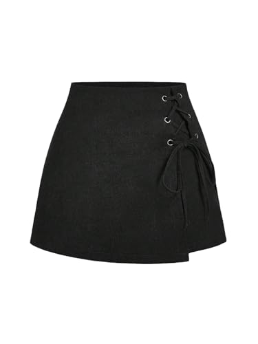 GORGLITTER Damen Hosenrock Kurze Hose Culottes Herbst Hosen Tülle Öse Rock Skort Elegant Hosenrock Minirock mit Band vorne Schwarz M von GORGLITTER